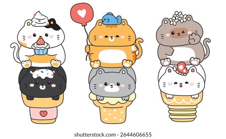 Set of cute cats on ice cream cone.Meow.Kitten.Strawberry cupcake,balloon,heart,flower,butterfly.Sweet and dessert.Pet animal character cartoon design.Kawaii.Vector.Illustration