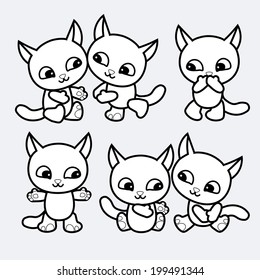 Set of cute cats on pure background. Illustration of comical cat series. Funny cartoon cats in vector good for backgrounds, fabric, wallpaper and baby design. Black and white illustration