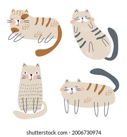 Set with cute cats on a white background. Vector illustration for printing on fabric, packaging paper, clothing. Cute children's background