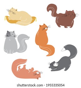 set of cute cats playing around vector flat illustration 