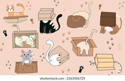 a set of cute cats playing with bags and boxes