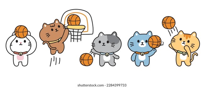 Juego de lindos gatos jugando al baloncesto con fondo blanco. Concepto deportivo. Colección de dibujos animados de personajes animales mascotas. Amor de miau. Kawaii.Vector.Ilustración.