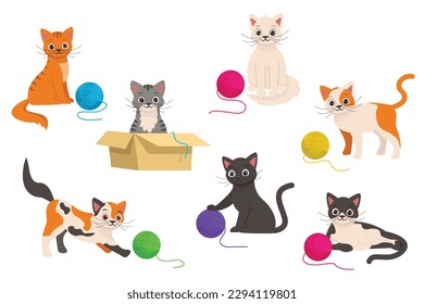 Set of cute cats playing with colorful balls of thread.