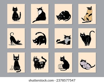 Un conjunto de gatos lindos plantea una ilustración vectorial dibujada a mano. Retratos de dibujos animados de mascotas juguetonas con gatos graciosos en la cara.