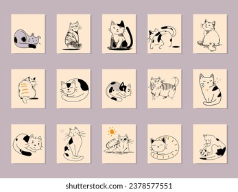 Set of cute cats poses hand drawn vector illustration. Cartoon portraits of playful pets with funny face cats.