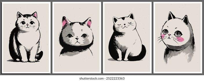 Set of cute cats posters in ink wash painting style. Ink wash painting of a funny pretty kittens. Modern wall art poster, home decor, canvas, postcard, t-shirt print. Hand drawn vector illustration