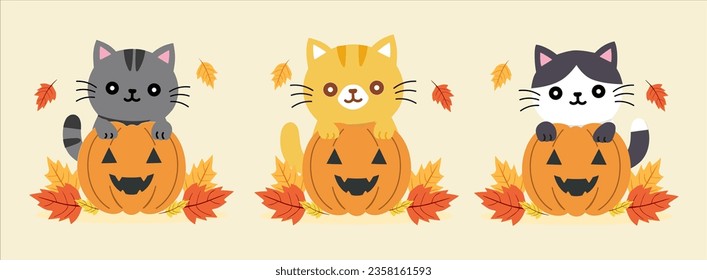 Set of cute cats and pumpkins with autumn leaves. flat design, sticker, and clipart with vector Illustrations