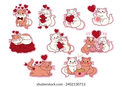 Set of cute cats with red hearts on white background. Valentine'