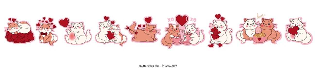 Conjunto de gatos lindos con corazones rojos sobre fondo blanco. San Valentín