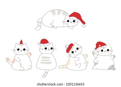 Set of cute  cats in Santa Claus hats. Funny christmas kitten.