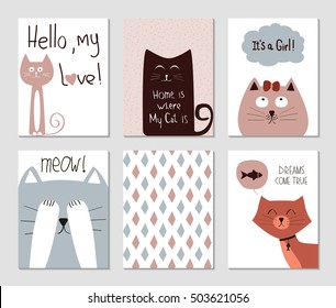 Set of cute cats and seamless pattern. Hello,my love. It's a girl. Draems come true. Home is where my cat is. Vector. EPS 10.