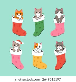 Set of cute cats sitting in Christmas socks. Vector graphics.