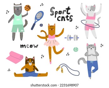 Un conjunto de gatos lindos con equipamiento deportivo. Los gatos son atletas: jugador de baloncesto, bailarina, gimnasta. Gatos haciendo deportes. Genial ilustración para niños. Ilustración vectorial con fondo aislado.