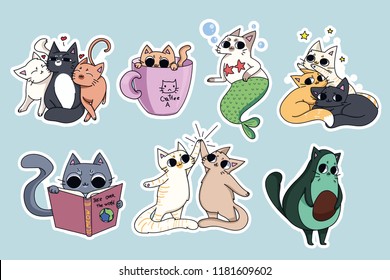 
Set of cute cats stickers. Avocado cat, coffee-cat. Cat reading a book. Pyramid made of cats.