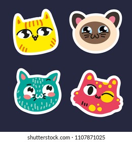 set of cute cats stickers. Striped yellow pussy siamese smiling kitty pink pussy blue kitty in speckles. Vector isolated illustration on blue background. hand draw styl. for sticker icon symbol patch.