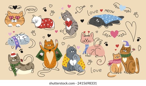 Set of cute cats for Valentines Day. Charming kittens with hearts and flower express love and tenderness. Romantic doodle style stickers. Cartoon flat vector illustrations isolated on beige background