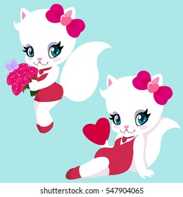 Set of cute cats for Valentines Day in pin-up style. Greeting card.