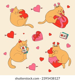 Set of Cute cats with valentines decorations. Vector illustration.