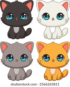 Set of cute cats in various color cartoon illustration