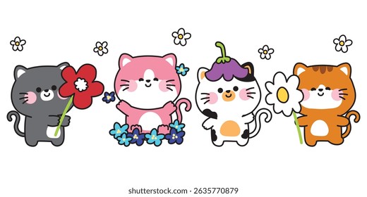 Set of cute cats with various flower.Spring.Nature.Meow.Kitten.Pet animal character cartoon design.Kawaii.Vector.Illustration.