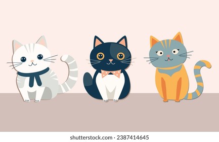 Set of cute cats. Vector illustration in flat style on a light background.