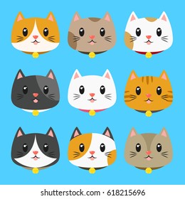 set of cute cats vector wearing bell collar collection with different fur colors.