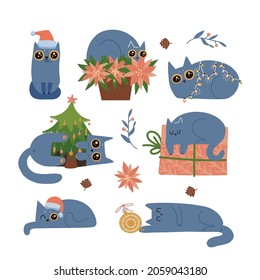 Set of cute cats wearing winter outfits and playng with Christmas tree baubles. Naughty pets fooling around. Happy holidays pet character flat vector illustration.