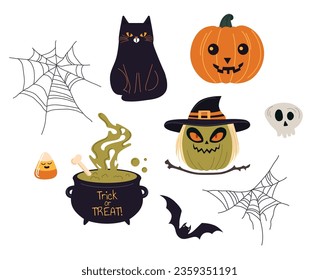 Set cute cats and witch in flat style. Halloween packaging. Printing on textiles and holidays