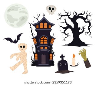 Set cute cats and witch in flat style. Halloween packaging. Printing on textiles and holidays