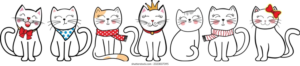 Set of cute cats.Draw vector illustration banner design funny cats Doodle cartoon style