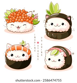 Set of cute cat-shaped sushi and rolls in kawaii style. Japanese traditional cuisine dishes. Can be used for t-shirt print, sticker, greeting card, menu design. Vector illustration EPS8