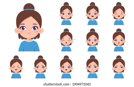 Set Of Cute Caucasian Brown-haired Girl With Different Facial Expressions. Girl Emotions Face Collection. Cartoon Character Design. Happy, Sad, Angry, Surprised. Vector Isolated On White Background