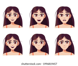 Set of cute caucasian brown-haired girl with different facial expressions. Girl emotions face collection. Cartoon character design. Happy, sad, angry, surprised. Vector isolated on white background