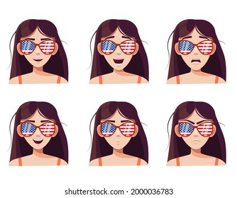 Set of cute caucasian brown-haired girl with different facial expressions. The American flag reflected in the glasses. Cartoon character design. Happy, sad, angry, surprised. Vector illustration.