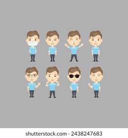 Set of cute Caucasian cartoon characters with various movements and emotional expression
