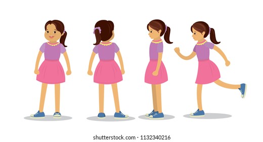 Set of Cute caucasian girls in different poses and views,flat vector illustration