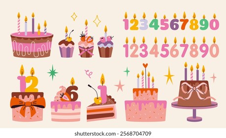 Set with cute celebration cake, cupcakes and Birthdays burning candles in the form of numbers. Trendy modern vector illustration isolated on background, hand drawn, flat design