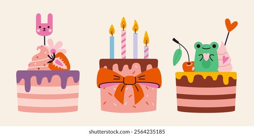 Set with cute celebration cakes with decor and Birthdays burning candles. Trendy modern vector illustration isolated on background, hand drawn, flat design