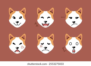 Set of cute character akita inu dog faces showing different emotions for design.