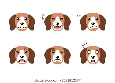 Set of cute character cute beagle dog faces showing different emotions for design.