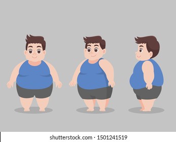 Conjunto de personaje Cute Gran Gordo para perder peso, caricatura dietética, personaje de concepto de cuidado de la salud de estilo de vida plantea un giro frontal para la animación de carácter diseño de vectores planos.