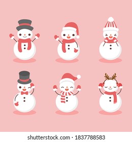 Set of cute character cartoon of white snowman in different costume for Christmas holidays, vector illustration.