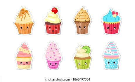 Set of cute character cupcake stickers. Isolated on white background. Vector illustration.