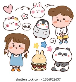 Set of cute character design.Girl,boy,penguin,rabbit,panda,heart hand drawn.Cartoon animals.Kid graphic.Sticker.Isolated.Vector.Illustration.