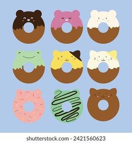 conjunto de ilustración de donuts de carácter lindo