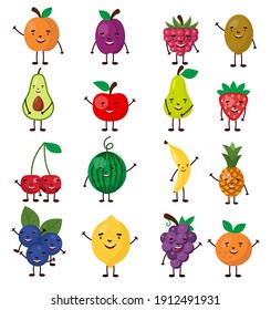 set of cute character fruits, illustration for kids in cartoon style isolated on white background