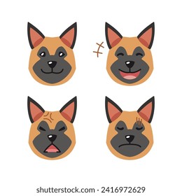 Set of cute character german shepherd dog faces showing different emotions for design.