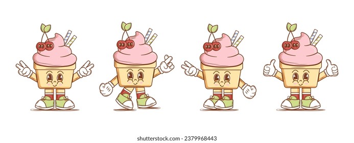Set of Cute Character Ice cream in groovy style. Isolated retro stickers on a transparent background for various purposes. Vintage vector illustration.