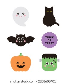 Set of cute character icons for Halloween day concept of autumn season. Ghost, cat, bat, pumpkin, monster.