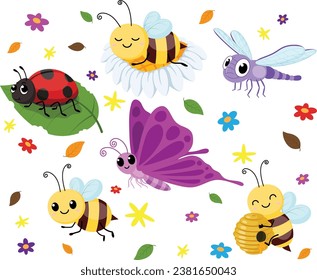 Set of cute character insect cartoons, Butterflies, dragonfly, bees and ladybird